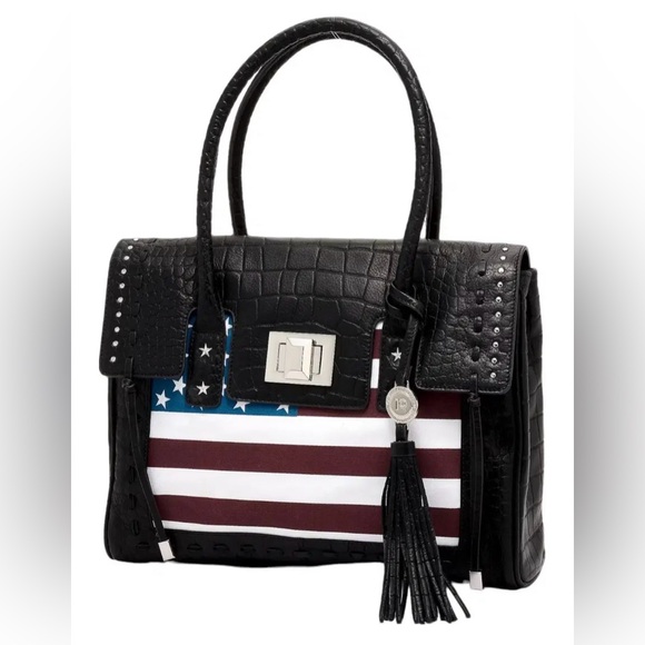 Aimee Kestenberg Handbags - Aimee Kestenberg Washington Leather Tote - Croco Black Leather w/USA Flag